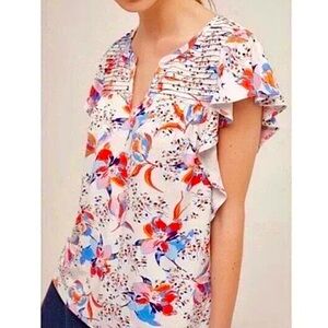 Anthropologie Floral Meadow Rue Ridge Yoke Floral Flutter Sleeve Blouse